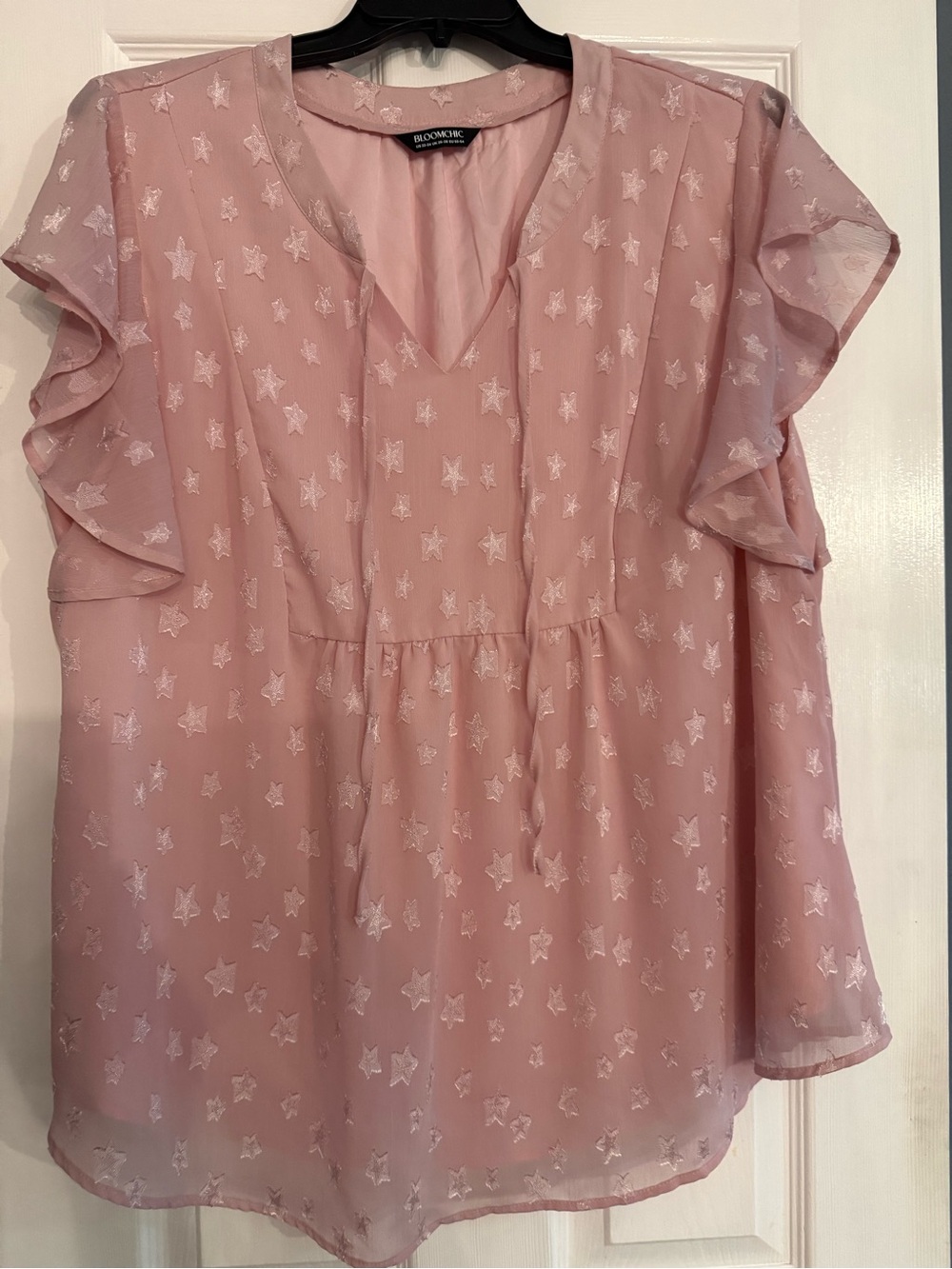 BloomChic Pink Star-Embroidered Flutter Sleeve Blouse